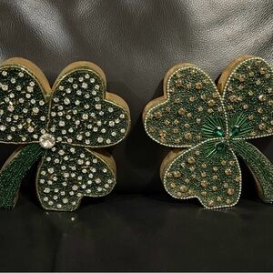 St Patricks Day Wood and Beaded Shamrocks, Set of 2